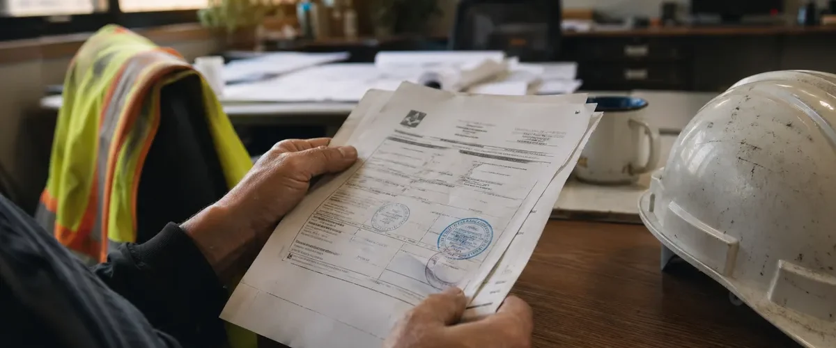 Händer som håller säkerhetscertifikat på byggkontor med hjälm och ritningar i bakgrunden