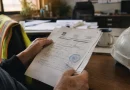 Händer som håller säkerhetscertifikat på byggkontor med hjälm och ritningar i bakgrunden