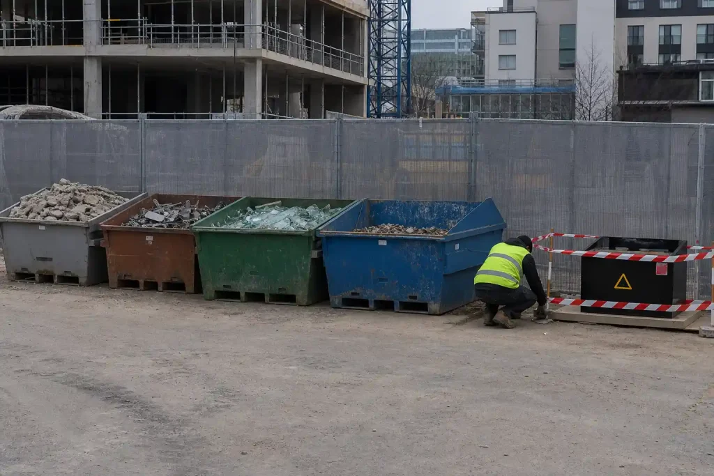 Sorterade avfallscontainrar på en byggarbetsplats med en arbetare i varselväst som del av byggplatsuppföljning.