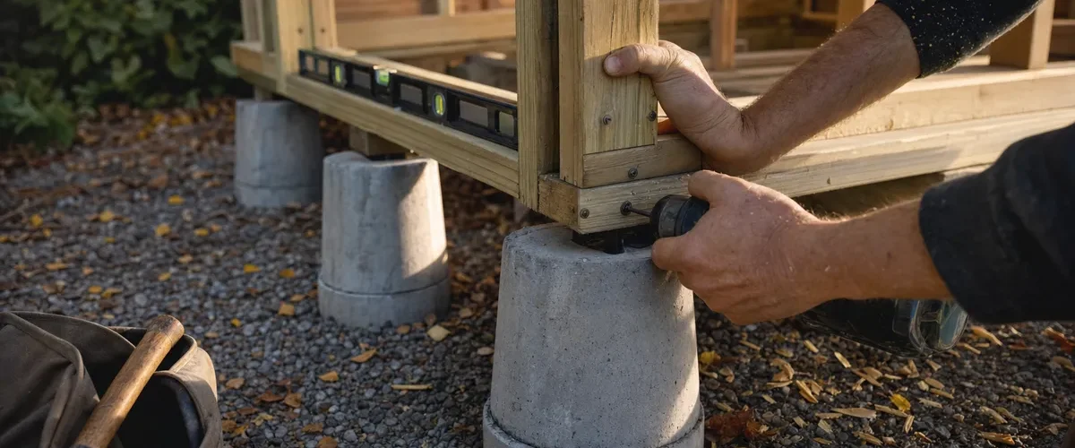 Närbild på snickares händer som fäster träregler på betongfundament under höstlig eftermiddagsljus vid ett påbörjat förråd
