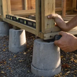 Närbild på snickares händer som fäster träregler på betongfundament under höstlig eftermiddagsljus vid ett påbörjat förråd
