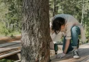 Halvfärdig altanstomme med plintar, reglar och trall under uppbyggnad