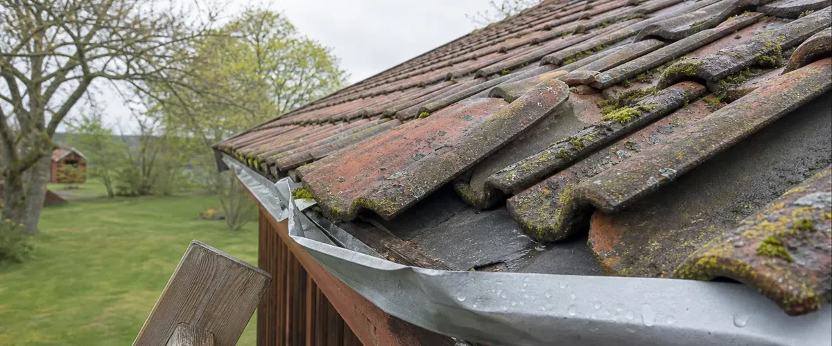 Lös takpanna och böjd plåtkant vid takfoten efter vårens stormar