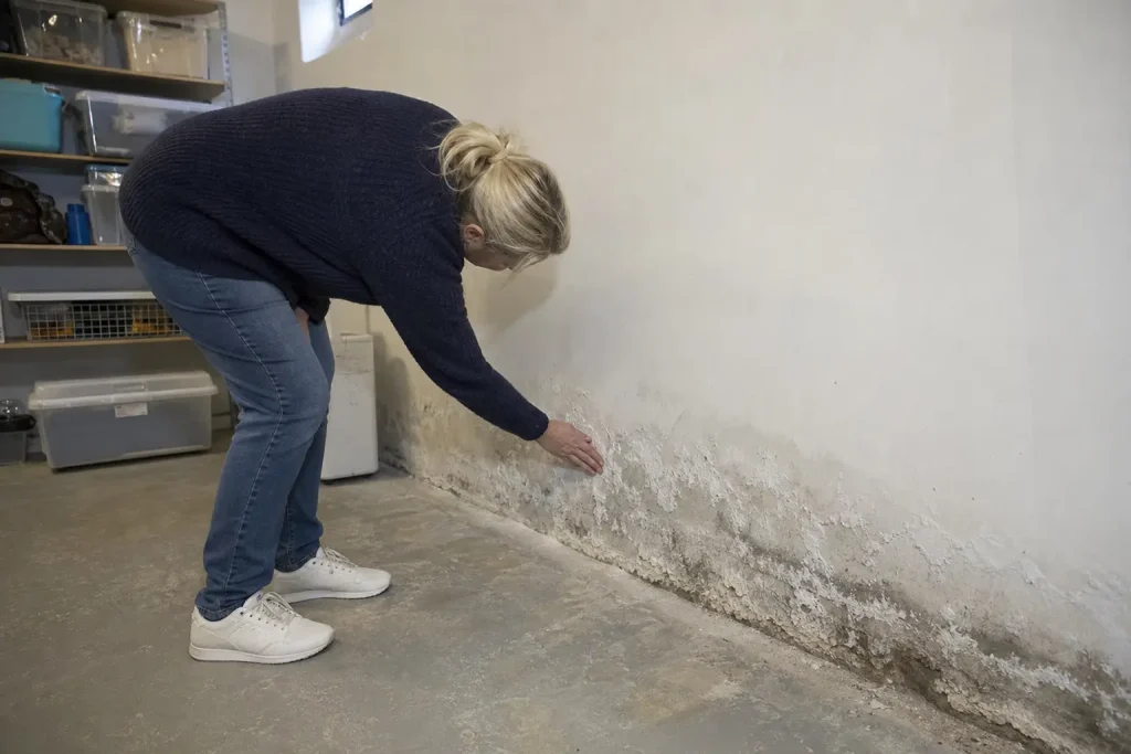 Person undersöker fuktskador och saltutfällningar på källarvägg inför beslut om dränering hus kostnad