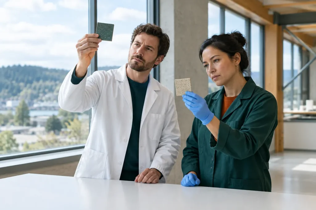 Två kemister jämför prover av golvbeläggning i ett ljust laboratorium