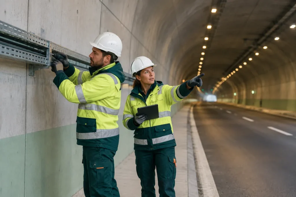Två tekniker monterar kabelstegar i en ny vägtunnel med betongväggar och grön nederkant