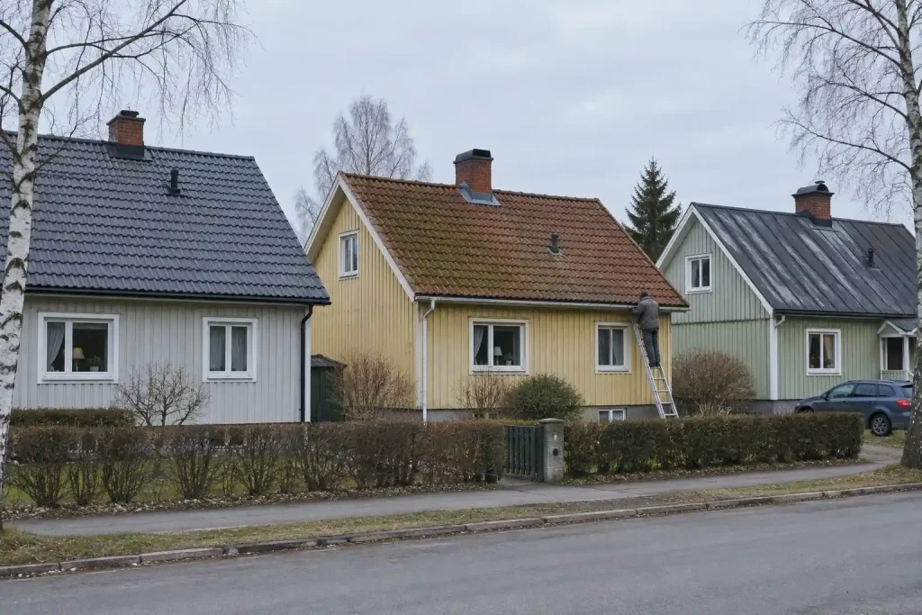 Tre villor med tak i olika skick visar hur länge ett tak håller