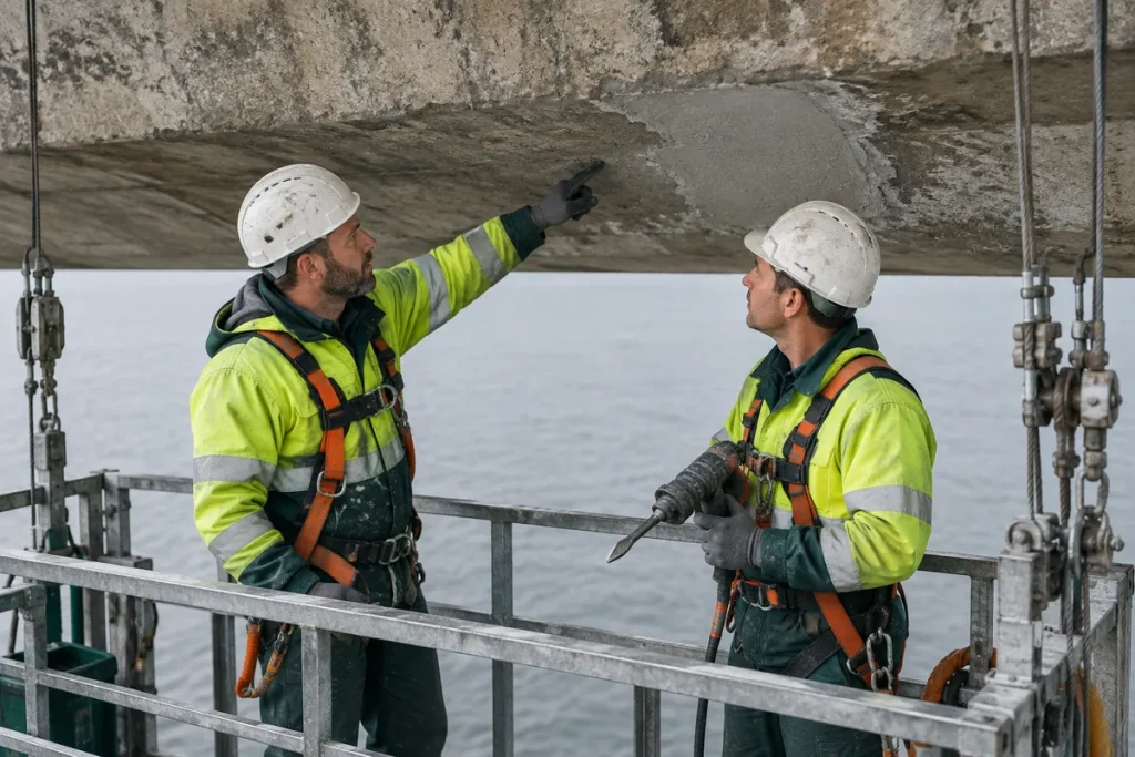 Två arbetare på en hängande arbetsplattform under en betongbalk pekar på en lagad yta i betongen