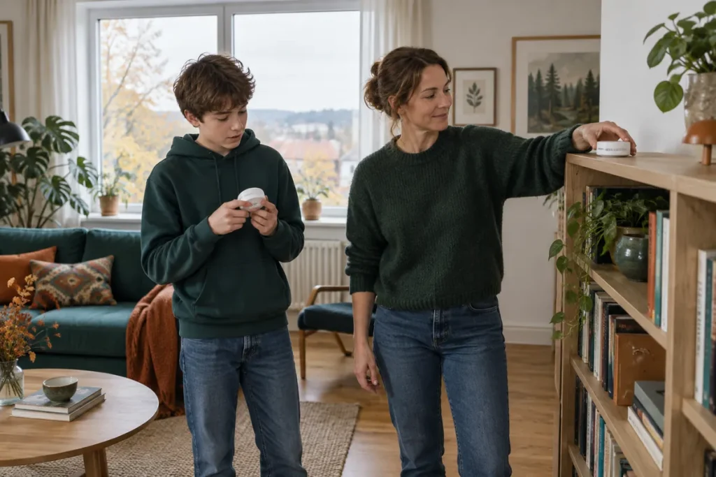 En kvinna placerar en mätdosa för radon på en bokhylla i vardagsrummet medan hennes son håller i en till