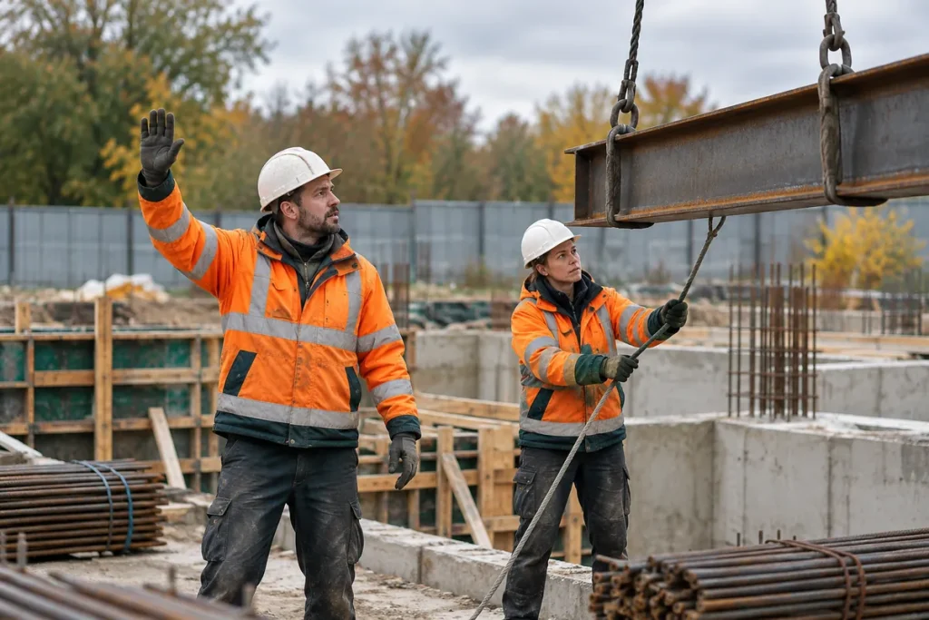 Två byggarbetare styr en kranlyft stålbalk mot betongfundament på en byggarbetsplats