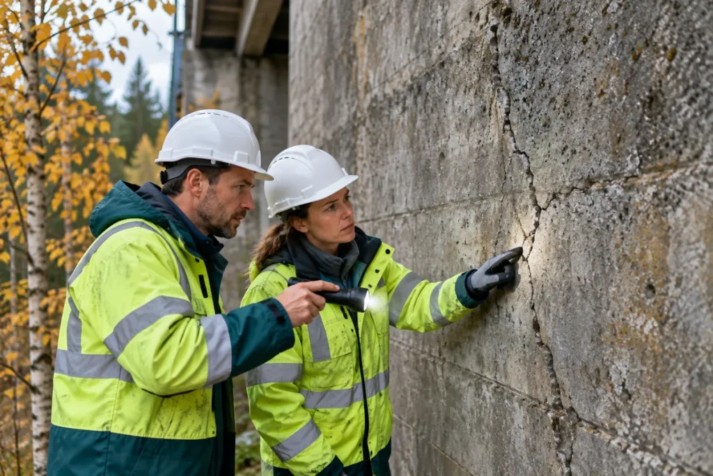 Två broingenjörer granskar en spricka i ett betongfundament med ficklampa