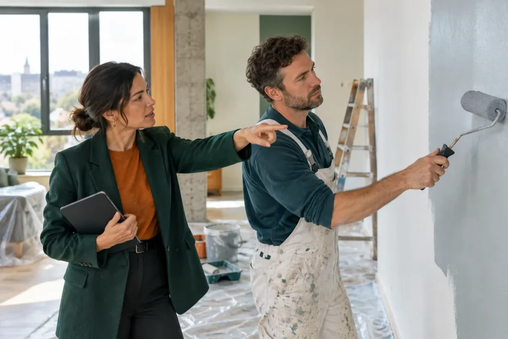 En fastighetsförvaltare pekar på en nymålad vägg medan en målare rollar färg i en lägenhet under renovering