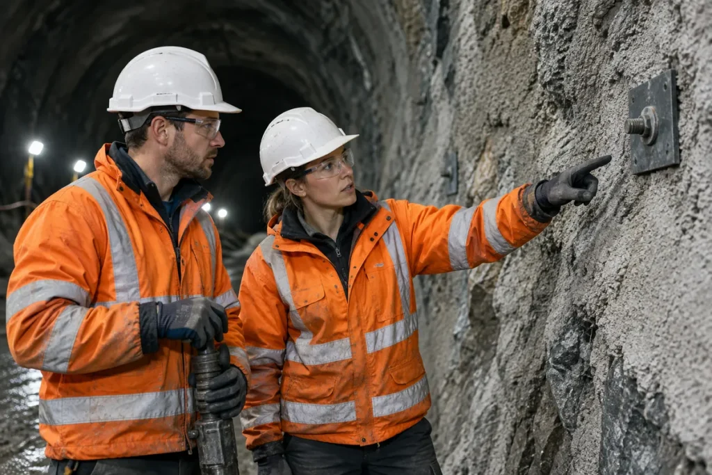 Två tunnelarbetare kontrollerar en bergbult i en nysprängd bergtunnel